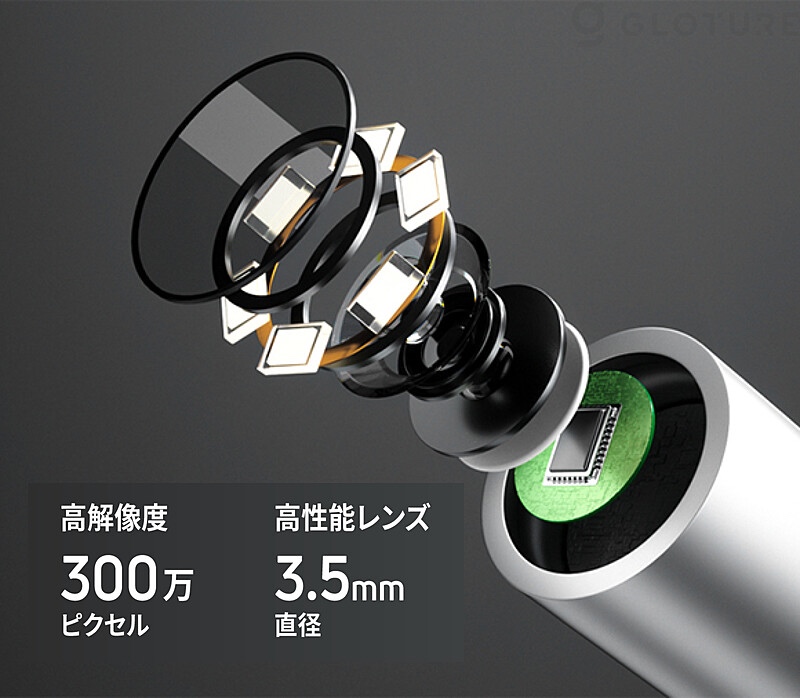 先端に高性能カメラとLEDライトを搭載