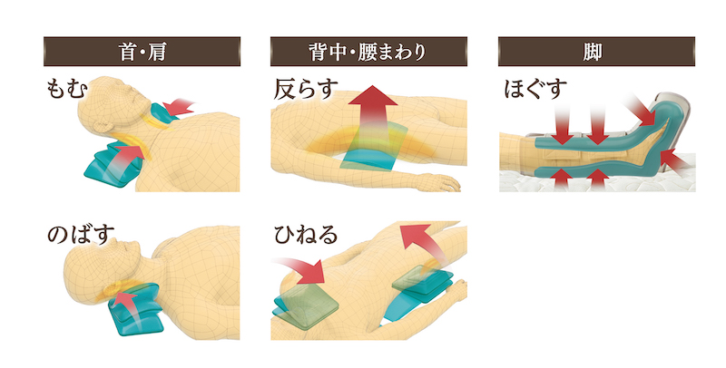 首・肩は「もむ」「のばす」の動き、背中・腰まわりは「反らす」「ひねる」の動きでケア