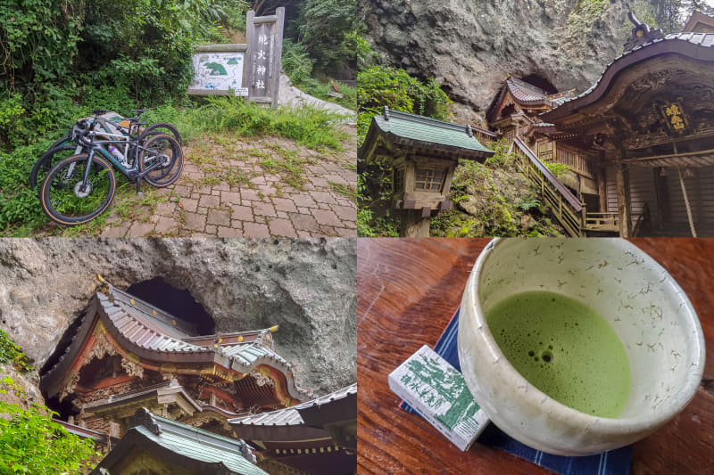 (左上)楽勝でヒルクライムも終え、神社へは徒歩で。e-bikeよりも徒歩のほうが大変(右上・左下)なんであんな洞穴的な場所に作ったの? 作れたの? すごい!(右下)社務所で抹茶もいただきました