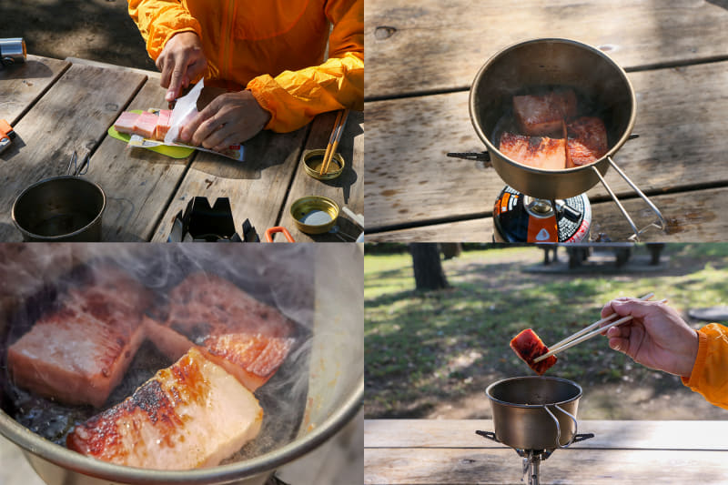 続いてベーコンをカット。シンプルに焼くだけですが、これも美味い!!