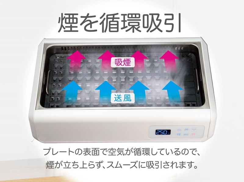 ファンで煙を吸引しながら調理できる