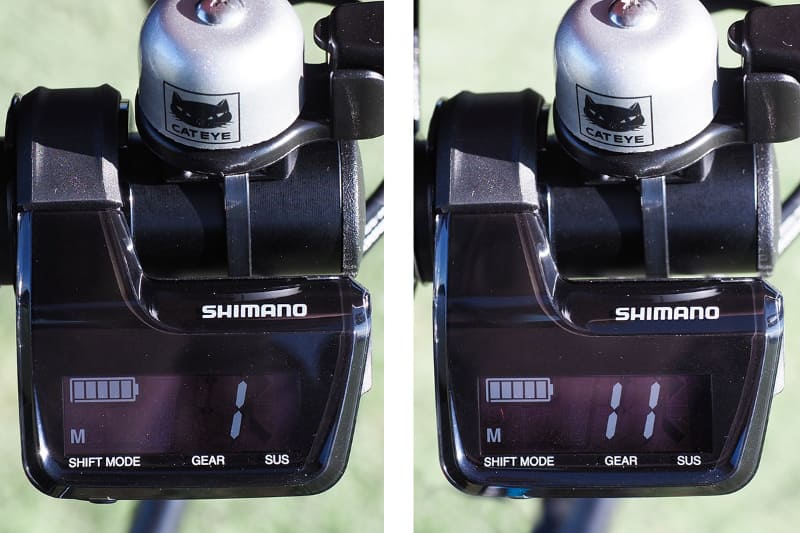 現在入っているギア段数はディスプレイに表示されます。シフター長押しで、1段から一気に11段などにすることも可能