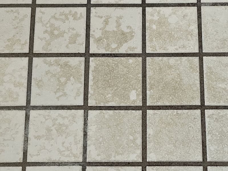 拙宅浴室タイルの汚れ。やや凸凹のタイルで汚れが付きやすいです。前出の磨き粉ハイホームを塗ってスポンジで擦っていれば落とせますが、すご～く疲れます