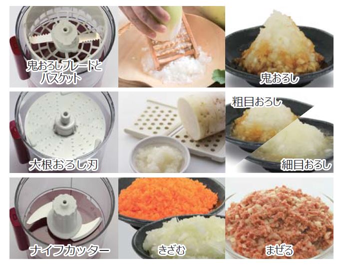 鬼おろし/粗目・細目の大根おろし/きざむ/まぜる調理ができる