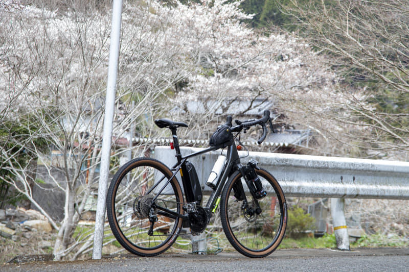 林道までの道はクルマも通らず走りやすいし、桜の時期だったので風景もいい。ちなみにペダリングに余裕があるe-bikeは、上り坂でもふらつくことなく走れるのもポイント。後ろからクルマが来た時にふらつくことなく左端に寄れると安全だし、抜くほうにも余計な緊張を与えずに済む