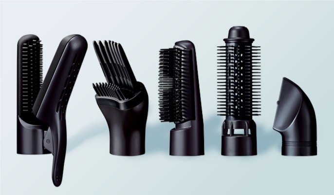 左からサロンブローブラシ/ボリュームアップブラシ/ワイドブローブラシ/太ロールブラシ/ノズル