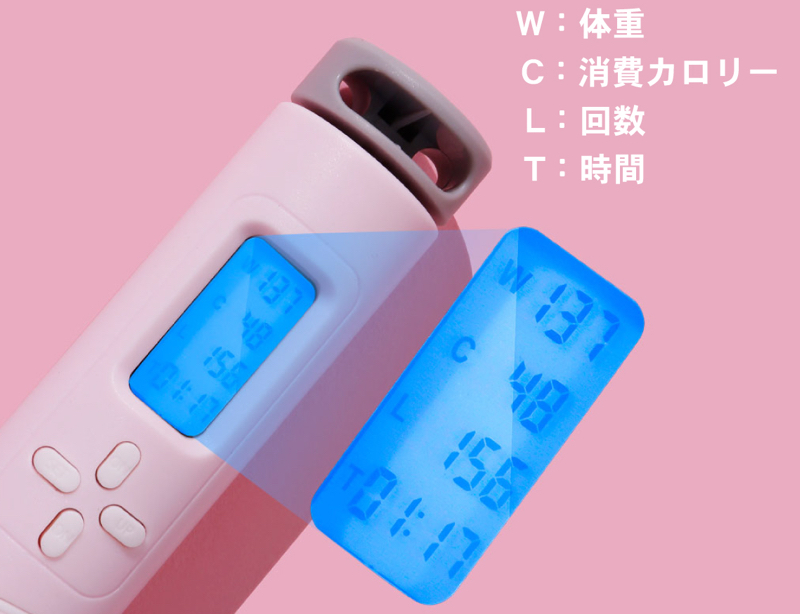 ハンドル部の液晶に、体重/消費カロリー/跳び回数/時間が表示される