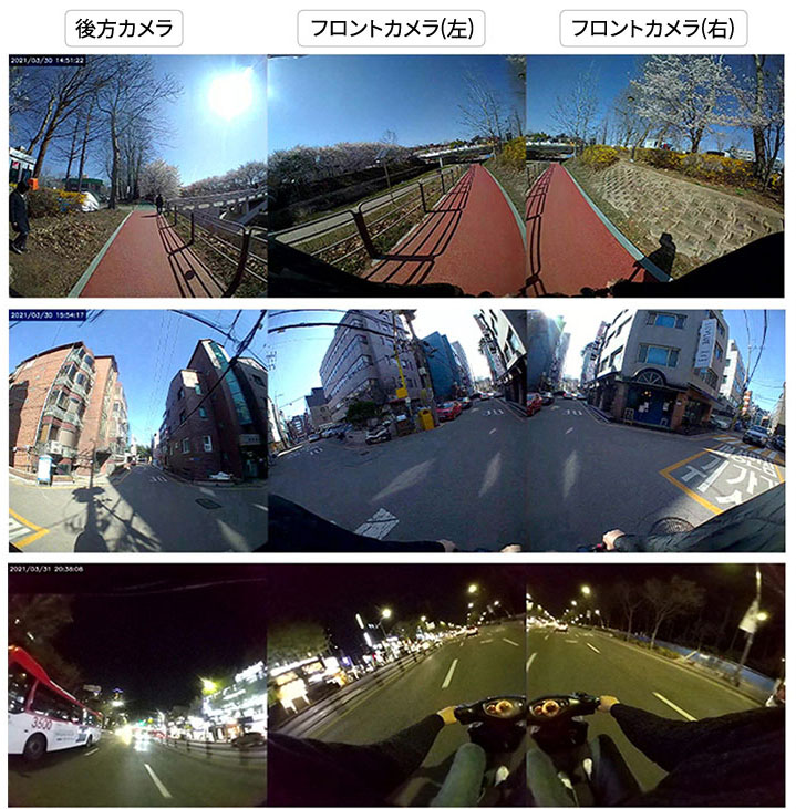 こんな感じの動画や静止画が得られます。どちらも横長。横長の映像の中に、3つのカメラからの映像が合成されるというわけです