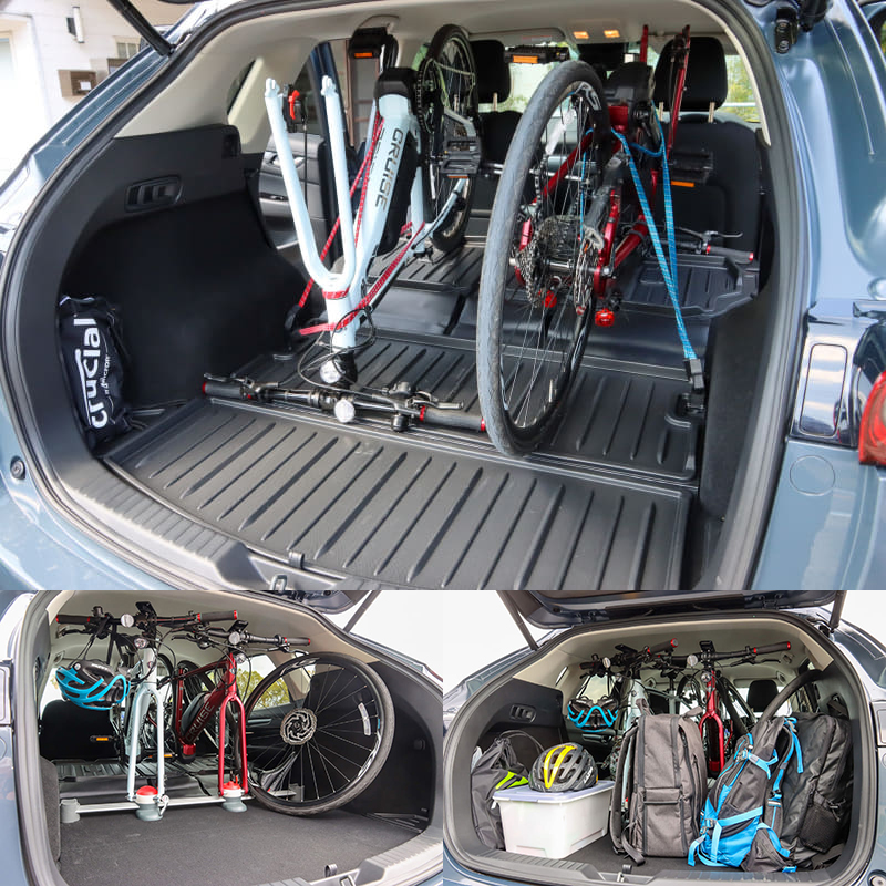 現行モデルでのトランポイメージ。前輪を外す必要はありましたが、e-bikeや荷物を積めました