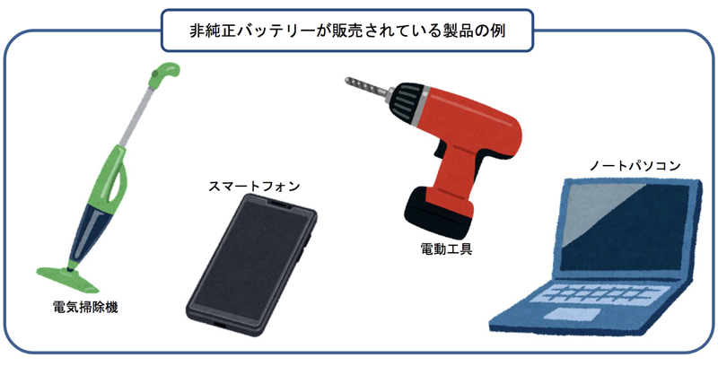 NITEでは、非純正バッテリーは純正品と類似した形状をしており、機器に取り付けられる場合もあるが、機器の安全動作を保証するものではないとしている