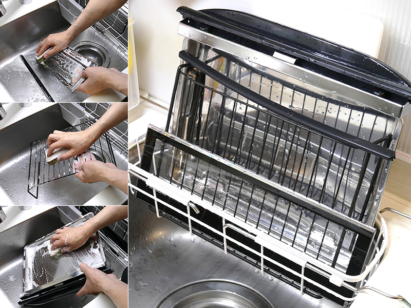 ガラス扉も受け皿も我が家の大きくはないシンクで簡単に洗えた。フッ素加工された焼き網も汚れはスルッと取れる。場所をとらずに乾燥できるのは始末がいい