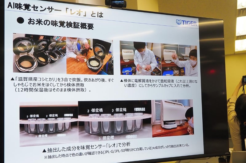 ASSYによるAI味覚センサー「レオ」での検証。比較した他機種に比べて甘みや旨みの数値が高く、12時間保温後でも有意差があるとの結果が出た(米の品種は滋賀県産コシヒカリ)