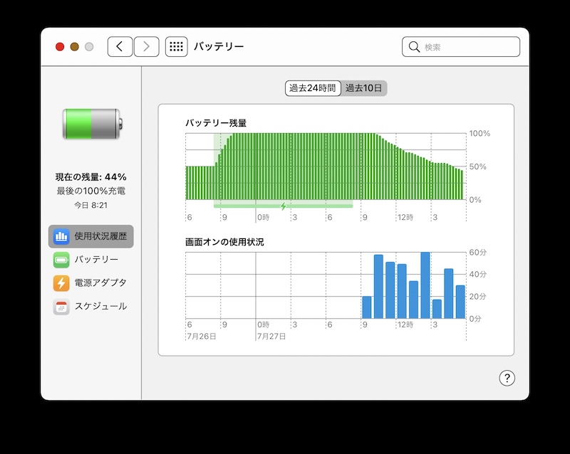 MacBook Airの充電前。バッテリー残量は44%