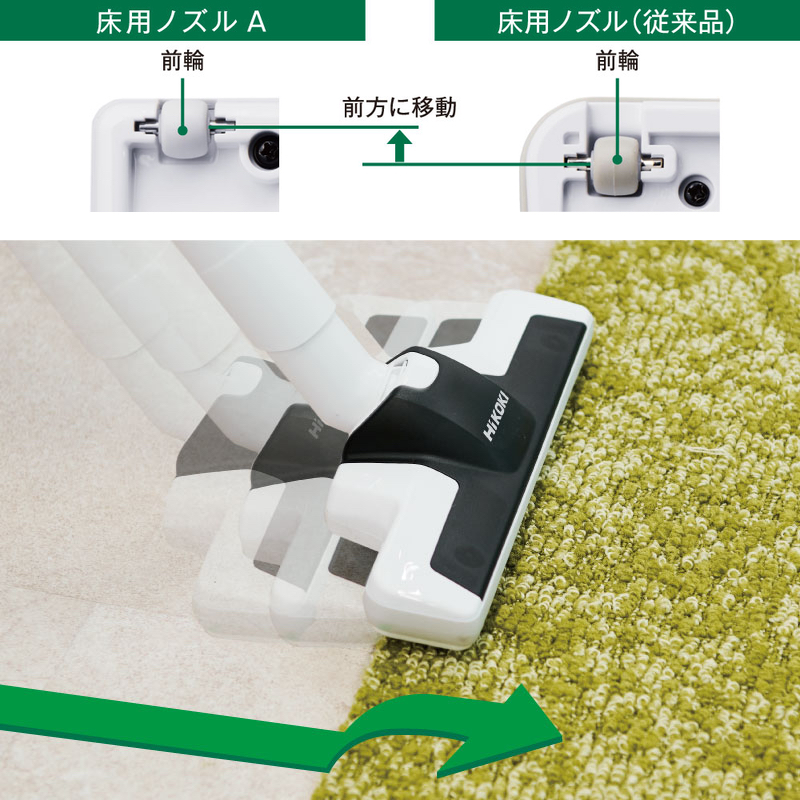 クリーナーヘッド底面の車輪位置を変更し、じゅうたんなどの段差でのひっかかりを軽減