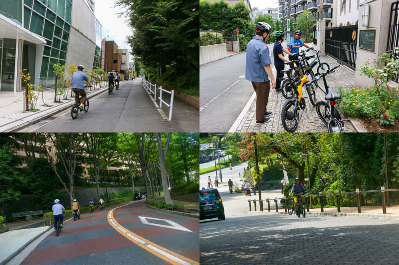 街中を走りながら、激坂を6本以上通るというe-bikeらしいコース。最後は東京タワー直下の激坂を止まった状態のゼロスタートから上るチャレンジ!(といっても軽々上れます)