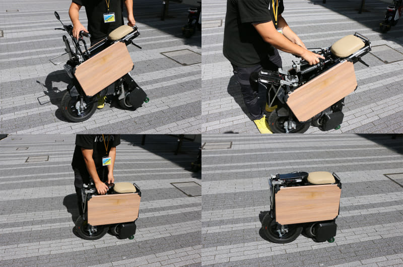 ホイールやハンドル、シートなどを畳んだ状態でのサイズは700×680×260mm(全長×全幅×全高)。折りたたみの構造もユニークで、ちょっと慣れが必要そう