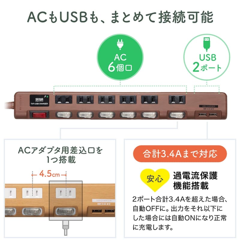 AC差込口6個とUSB Type-Aポート2個を搭載