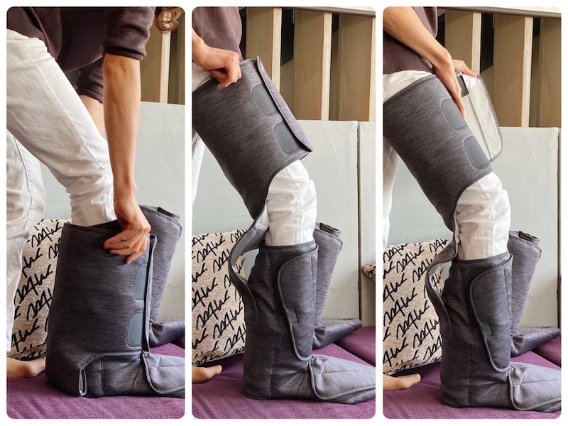 ブーツを履くように足をいれたら太もも部分を引き上げて、面ファスナーを固定すれば準備完了