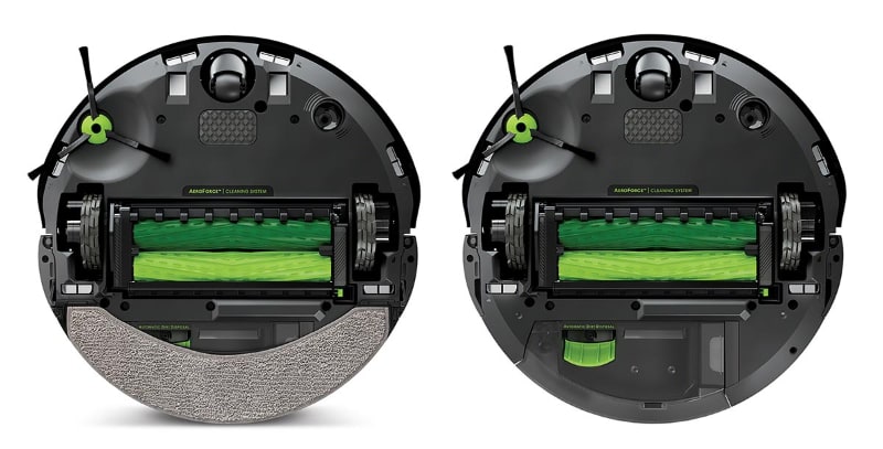 左が床拭き+吸引掃除、右が吸引掃除のみの底面。床拭き時は、吸引と同時にモップで水拭きしてくれます