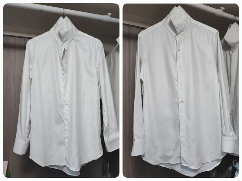 夫が愛用している化繊混合のYシャツ。左が衣類スチーマーを使う前、右が後