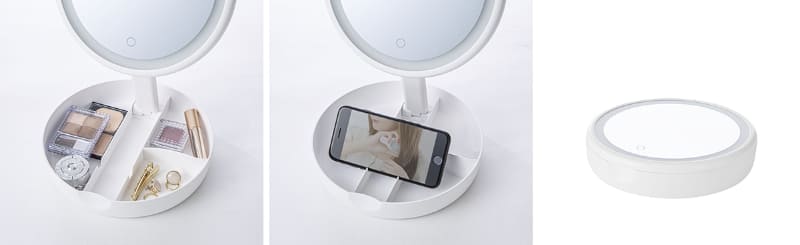 化粧品などの小物を入れたり、スマホスタンドにも。使用後はたたんで収納可能