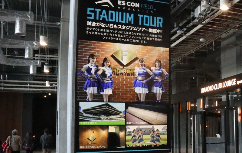 ダンスの時はきつね耳をつけて踊るかわいいファイターズガール。ゲームがない日はファイターズガールが場内を案内してくれるツアーも開催(有償)