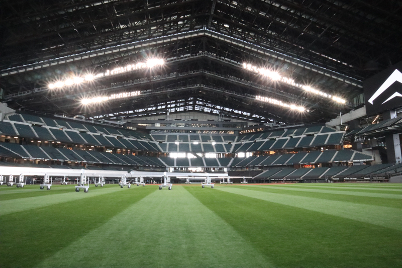 内野側の照明設備。ほかの球場と比べると設置スペースに極端な制限があることが分かる