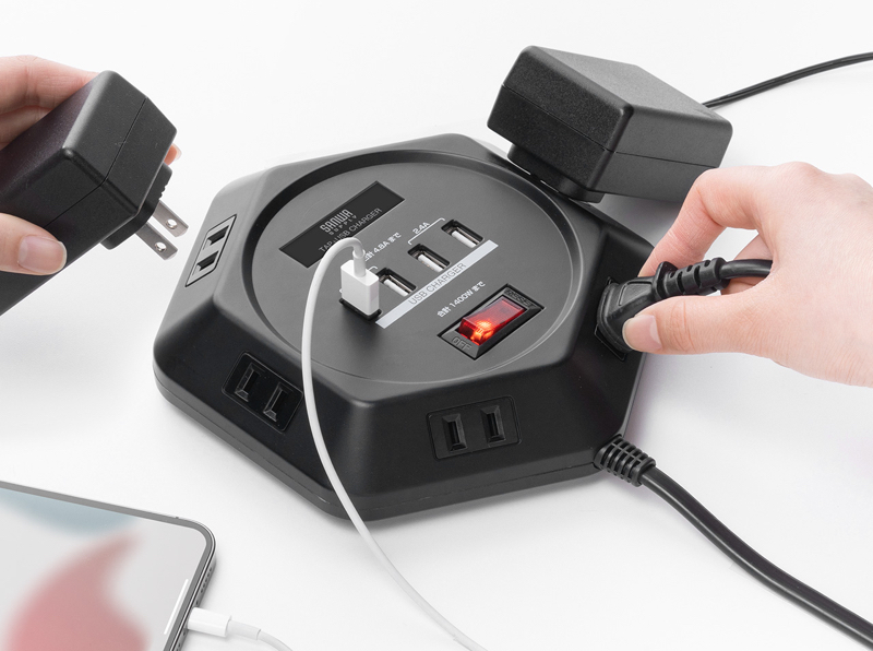 会議などで使用しやすい六角形の電源タップ