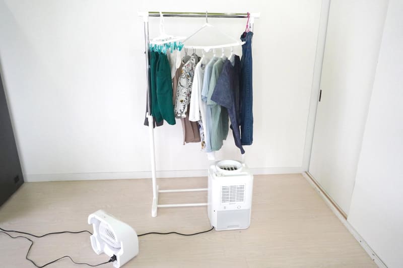 こんな風に置いてみました。除湿機の乾いた風が当たるのは右側、左側はサーキュレーターの送風が当たります