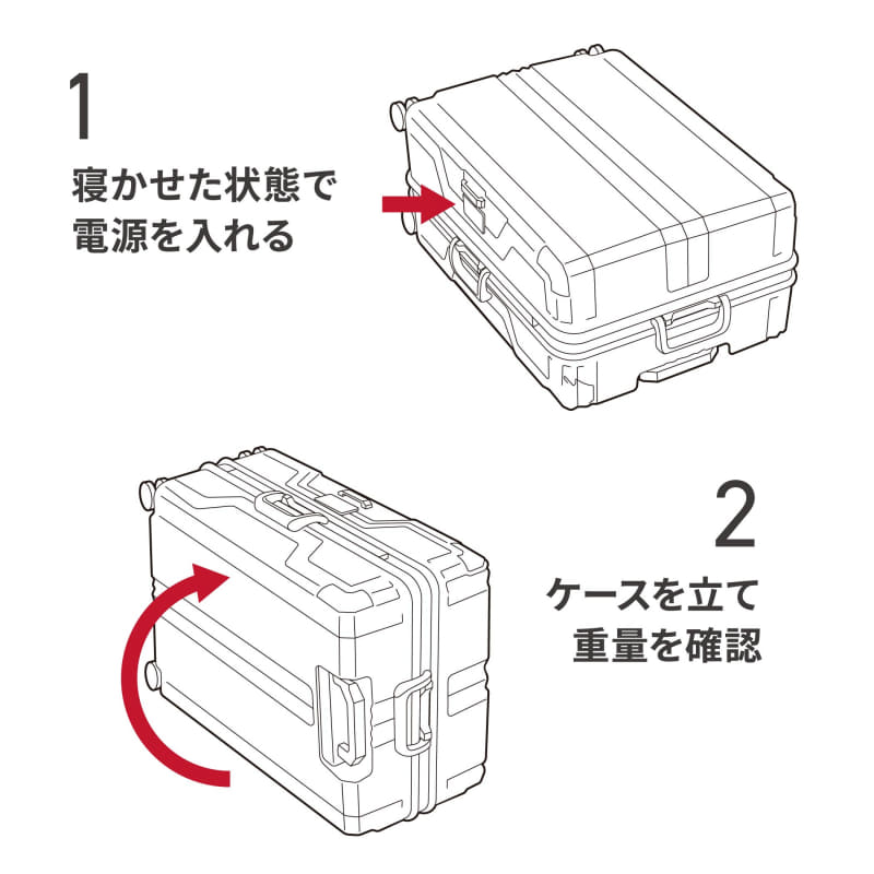 寝かせて電源を入れた後、ケースを立てると重量を計測できる