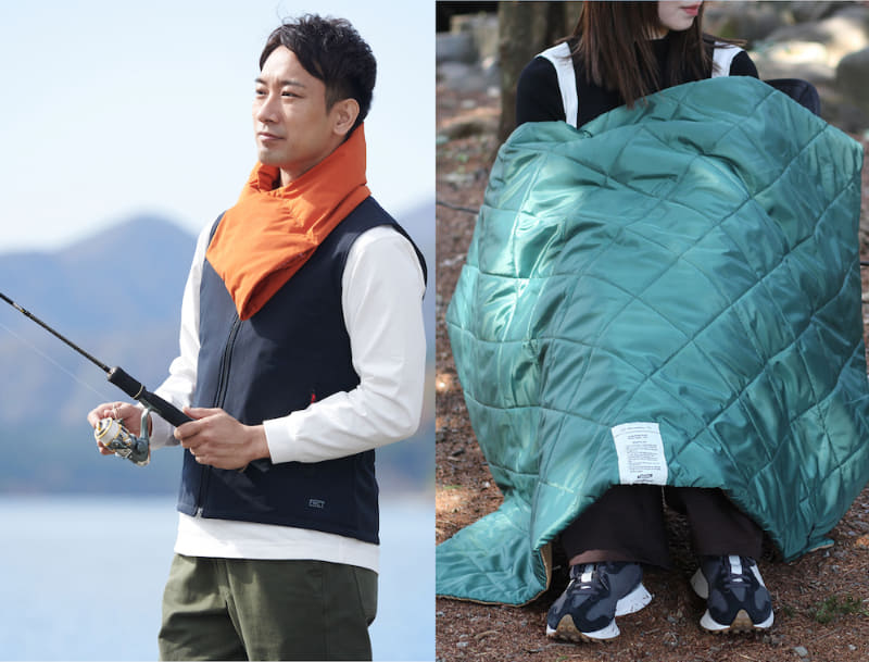 ヒーター付きのあったかアイテムがあれば、寒い冬でも外に出かけたくなる。写真左はアイリスオーヤマの「ヒートベスト インナー FC21620」、同右はBRIDの「2023 MOLDING USB QUILT BLANKET BICOLOR」