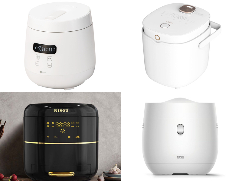 (上段左)ニトリ「糖質カット炊飯ジャー(4合 NJ101 ホワイト)」、(上段右)Areti「Clarity ていとうシェフ」、(下段左)リソウジャパン「糖質カット炊飯器(RS-021)」、(下段右)AINX「Smart Rice Cooker(AX-RC3)」