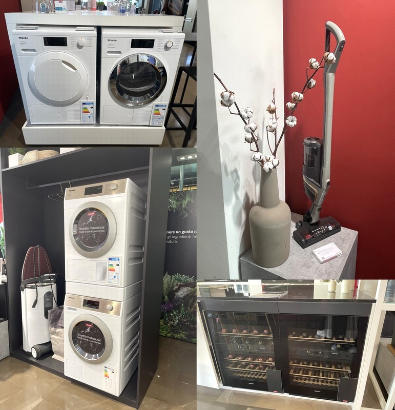 ミーレのランドリー製品や掃除機、ワインセラーなどのコーナーも