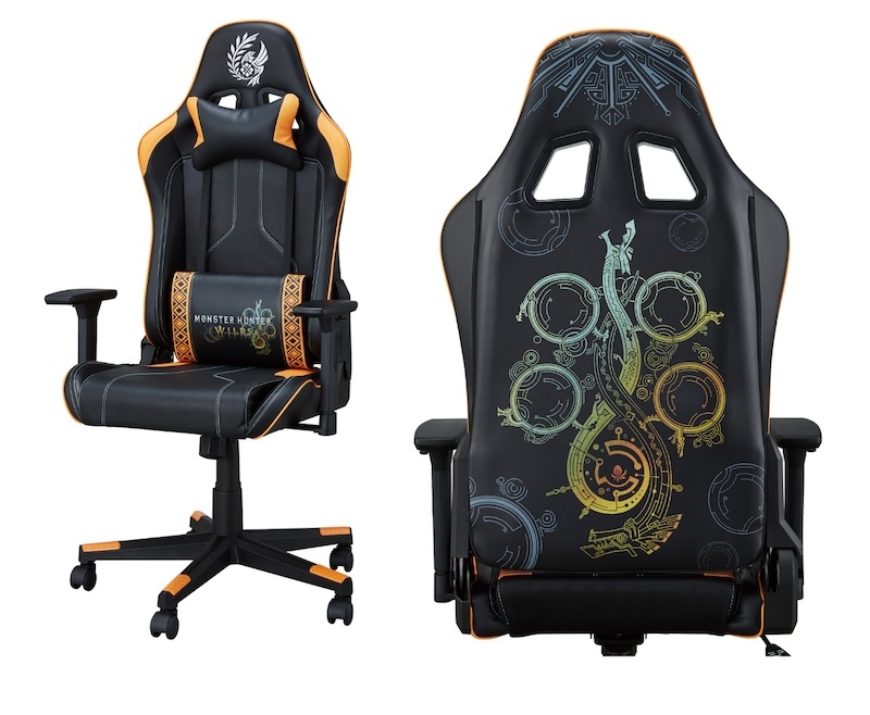 ロゴやハンターが所属する調査隊の紋様などをデザインした、ゲーミングチェア「モンスターハンターワイルズ」