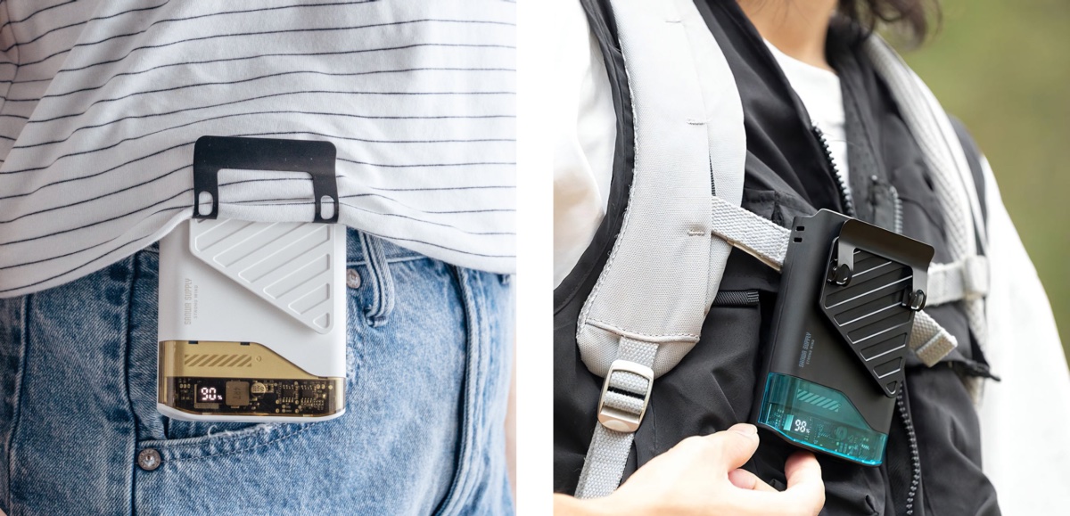 クリップ付きで服やバッグのストラップなどに装着できる