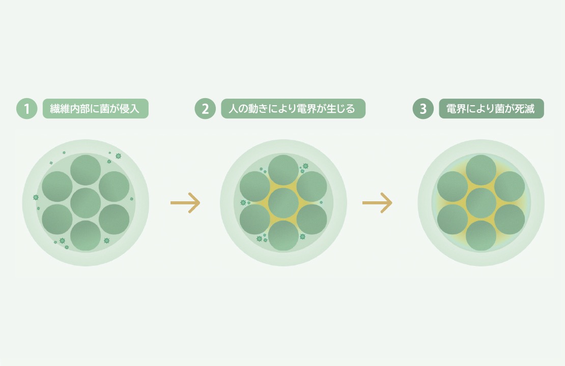 ピエクレックスの衣類を着た人が動くたびに電気が発生。細菌の生命活動を妨害します
