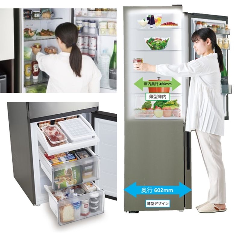 大型冷凍室「ジャイアントフリーザー」には、整理しやすい3段の引き出し式クリアバスケットを備えた