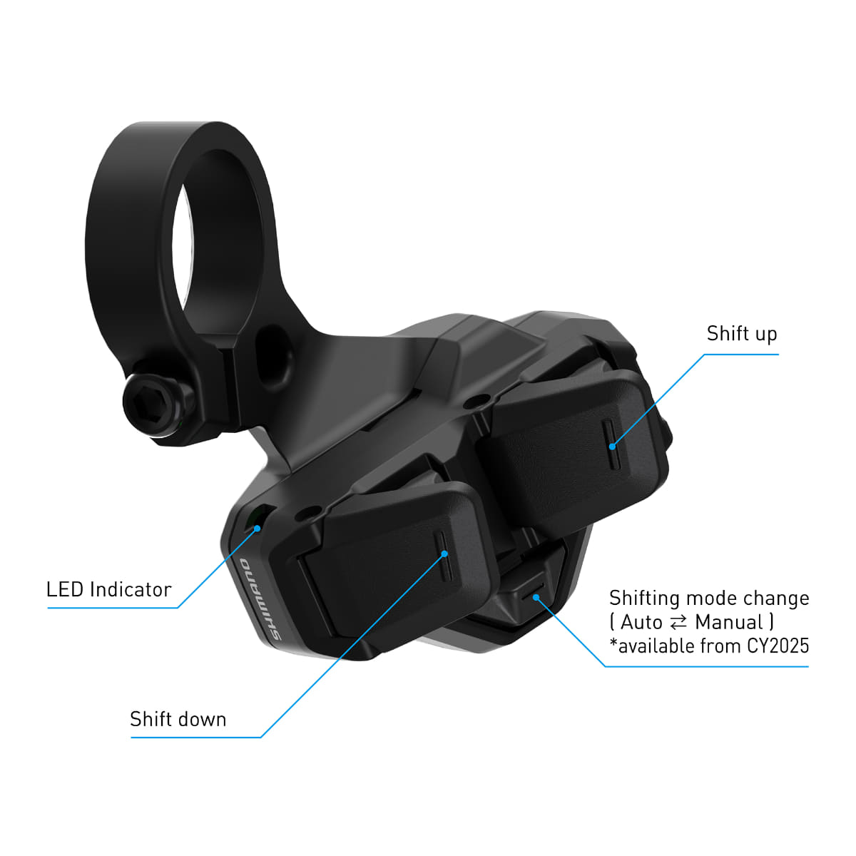 ワイヤレスシフトスイッチ(SW-EN605-R)<br>直感的に操作できる3つのボタン、バッテリー残量を表示するLEDインジケーターを備える。本体には電池CR1632を2個使用。E-TUBE PROJECT Cyclistアプリでカスタマイズが可能 (Version 5.2以降)。クランプバンド径は22.2mm。希望小売価格は15,506円