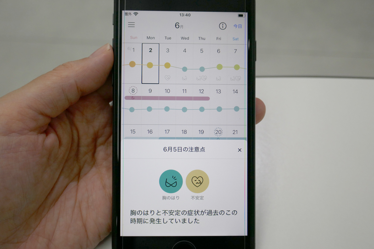 カレンダー形式で1カ月の予測を表示。これまでの傾向から起こりうる不調をアイコンでわかりやすく知らせる