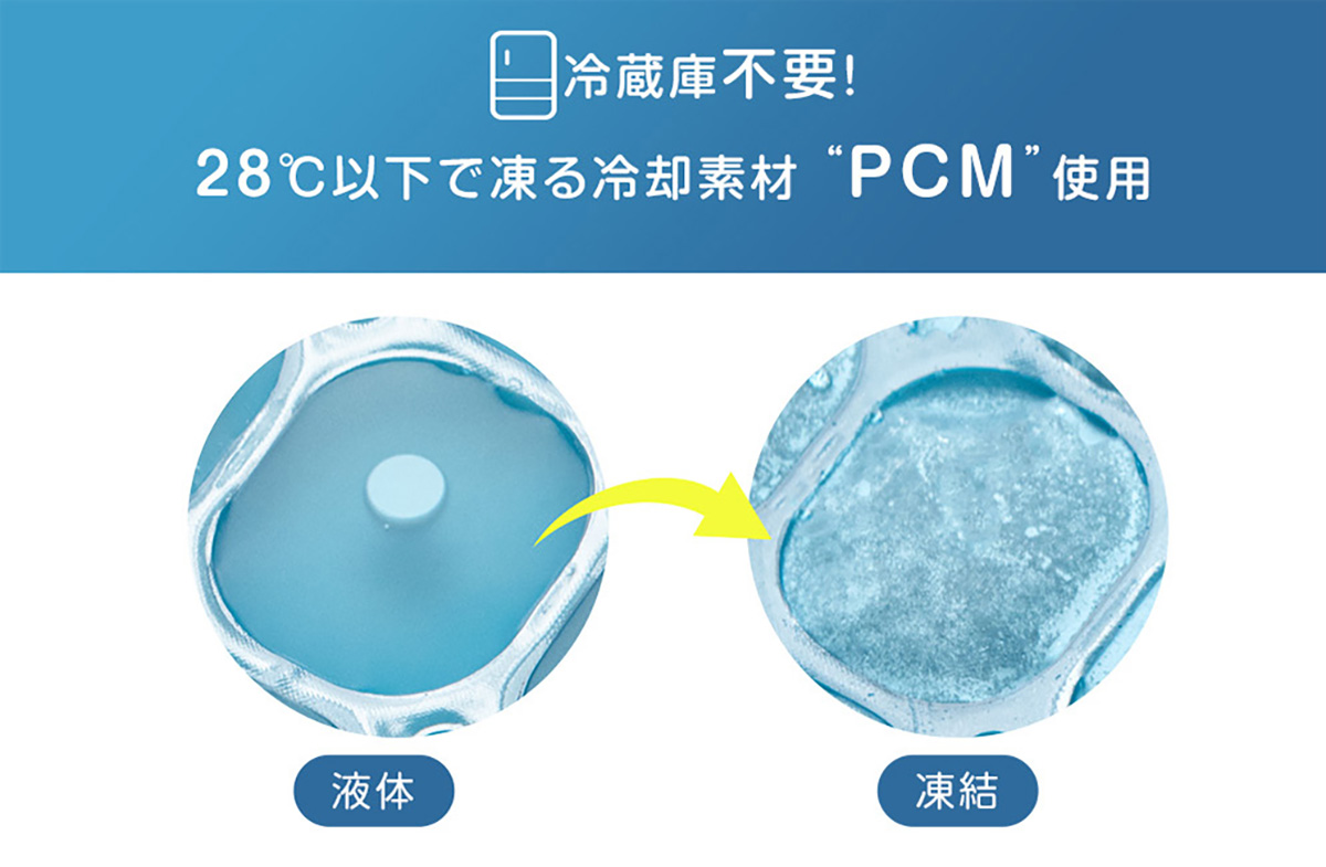 冷却素材「PCM(相変化材料)」を使用。28℃以下で自然に凍結する