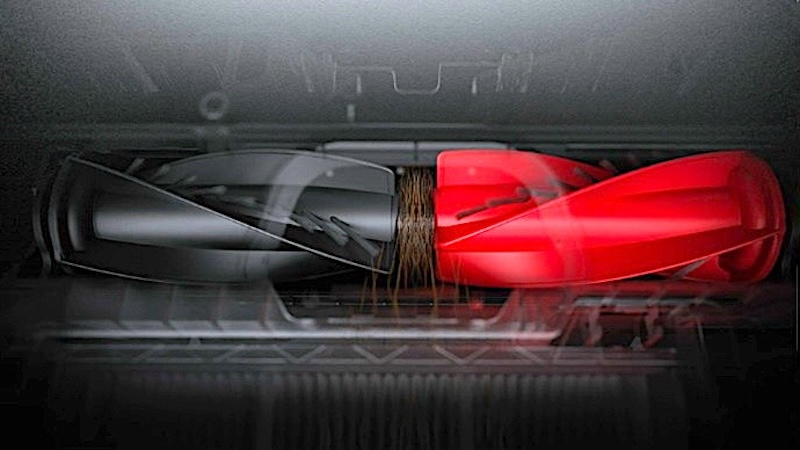 2つに分かれたメインブラシが、髪の毛を中央のダストボックスの入口へと導き、毛のからまりを防ぐ