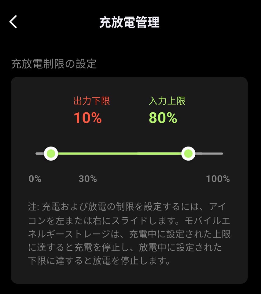 充電容量の下限と上限を設定することで、ポータブル電源に優しい使い方ができる