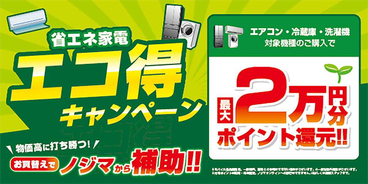 省エネ家電への買い替えで最大2万円分のポイント還元を行なう「エコ得キャンペーン」を実施