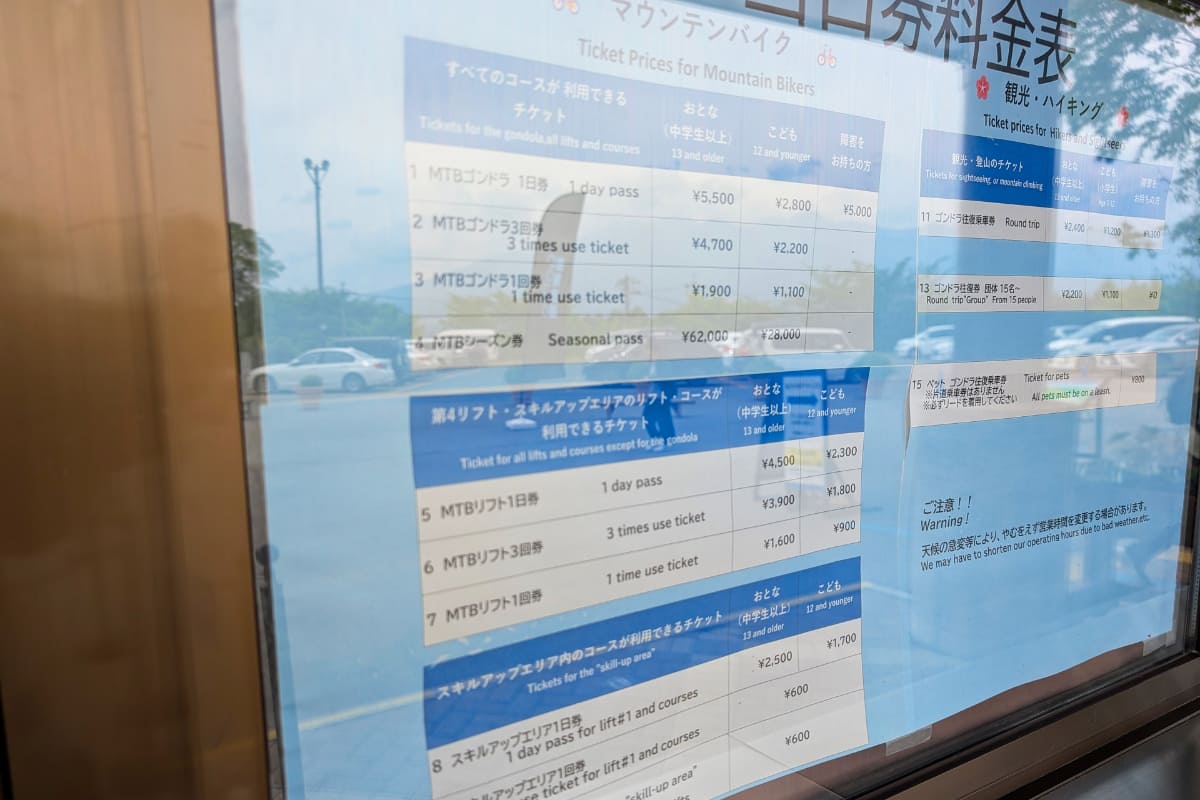 MTB利用の料金表。リフトで行けるのは中腹までなので、走れるのは一部のコースに限られますが、少しお安い