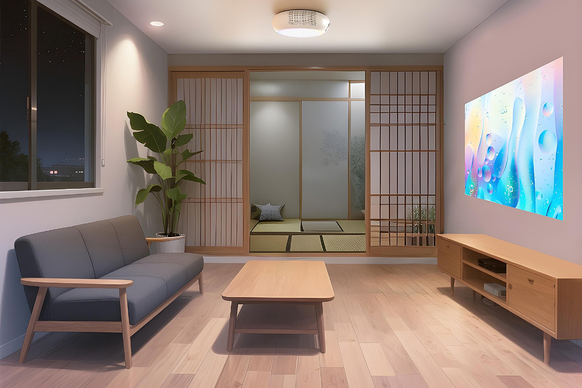 部屋全体を明るく照らす照明器具でありながら、最大120インチの高精細映像を投影可能にした