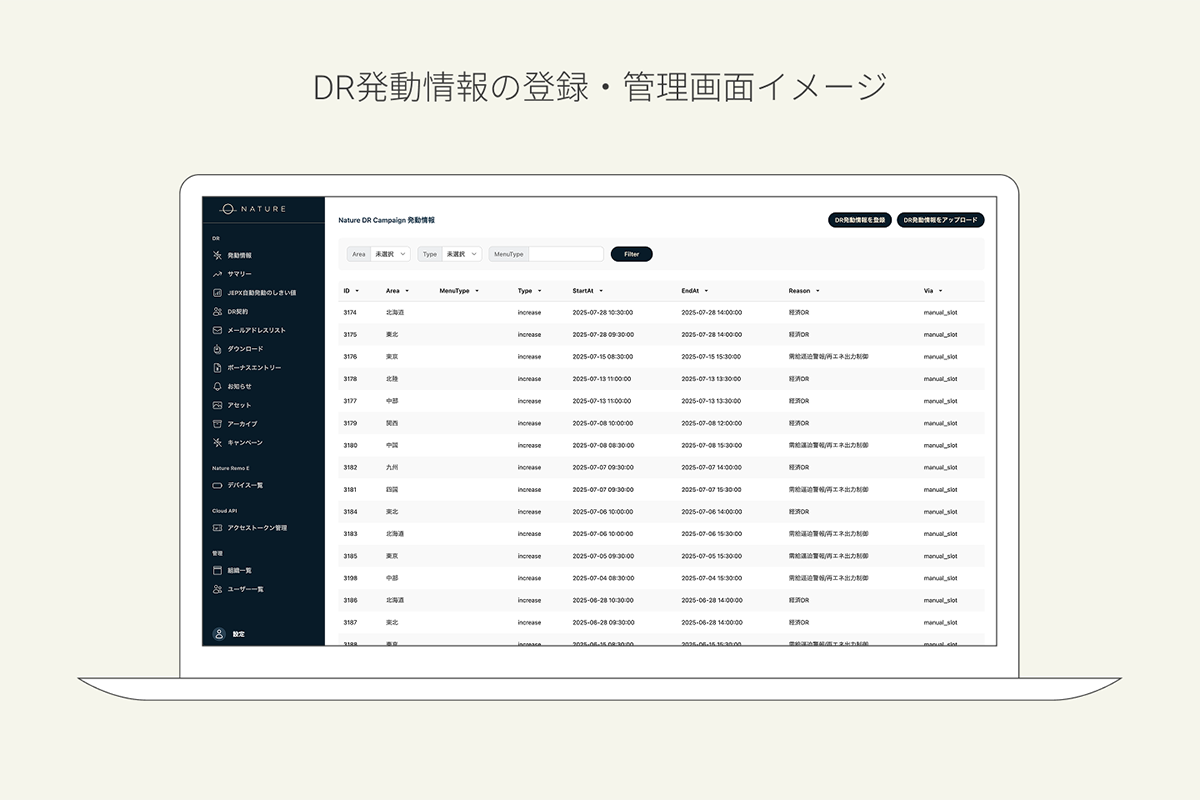 管理画面で簡単にDR発動イベントの登録やJEPXに連動した自動制御もできる