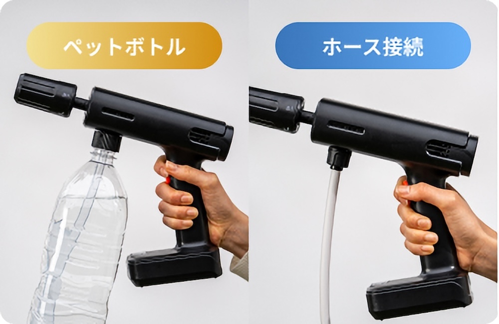 ペットボトルまたは付属ホースから給水できる