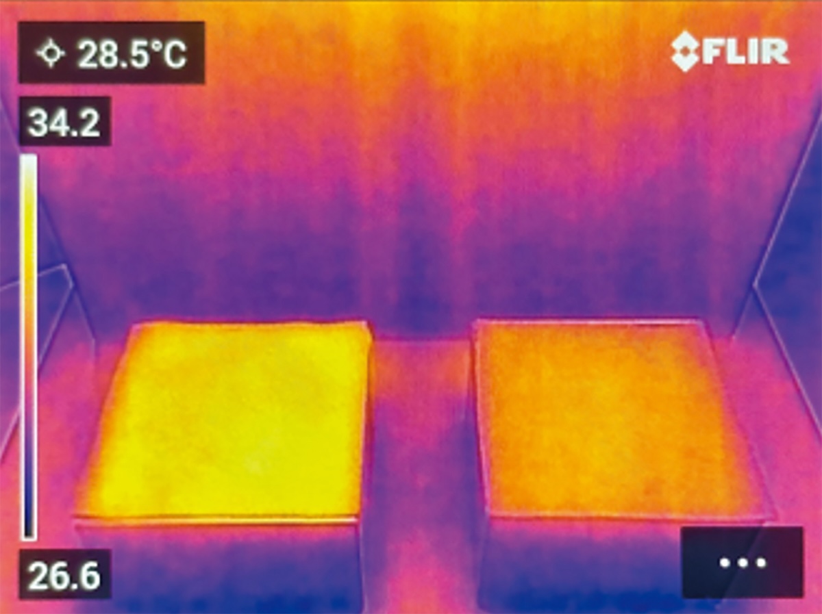 R FABの遠赤外線輻射効果については、一般社団法人ニッセンケン品質評価センターにより、ソニーが試作した綿やポリエステルを素材とする他の生地よりも高い輻射力が示されました