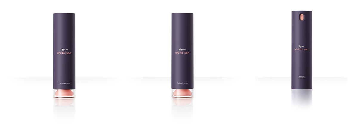 左からDyson Chitosan プレスタイルクリーム、Dyson Chitosan ポストスタイルセラム、Dyson Chitosan マルチユース スタイリングスプレー