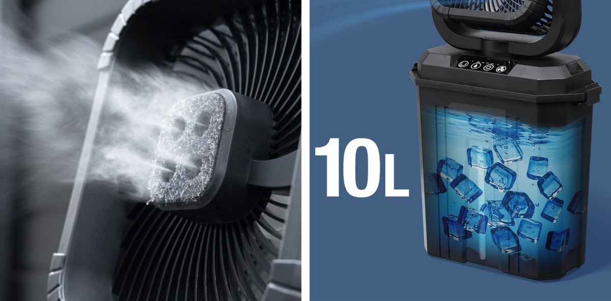 風とミストで屋外でも涼しい。水を入れるとさらにひんやりする